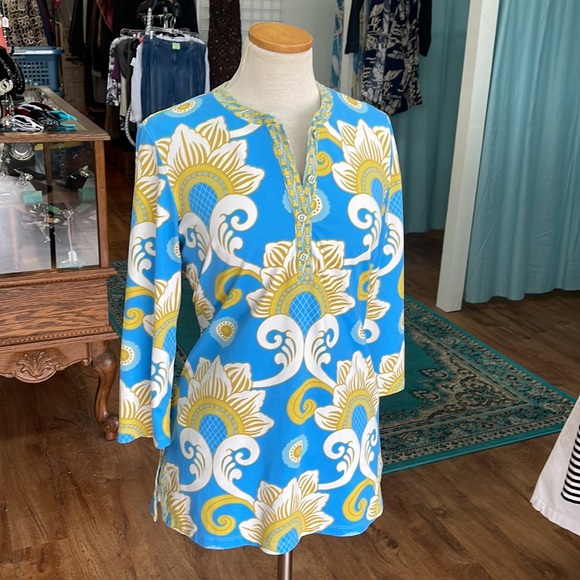 JMcLaughlin Blue/Gold Pattern Top/Tunic Size Medium - Picture 2 of 11
